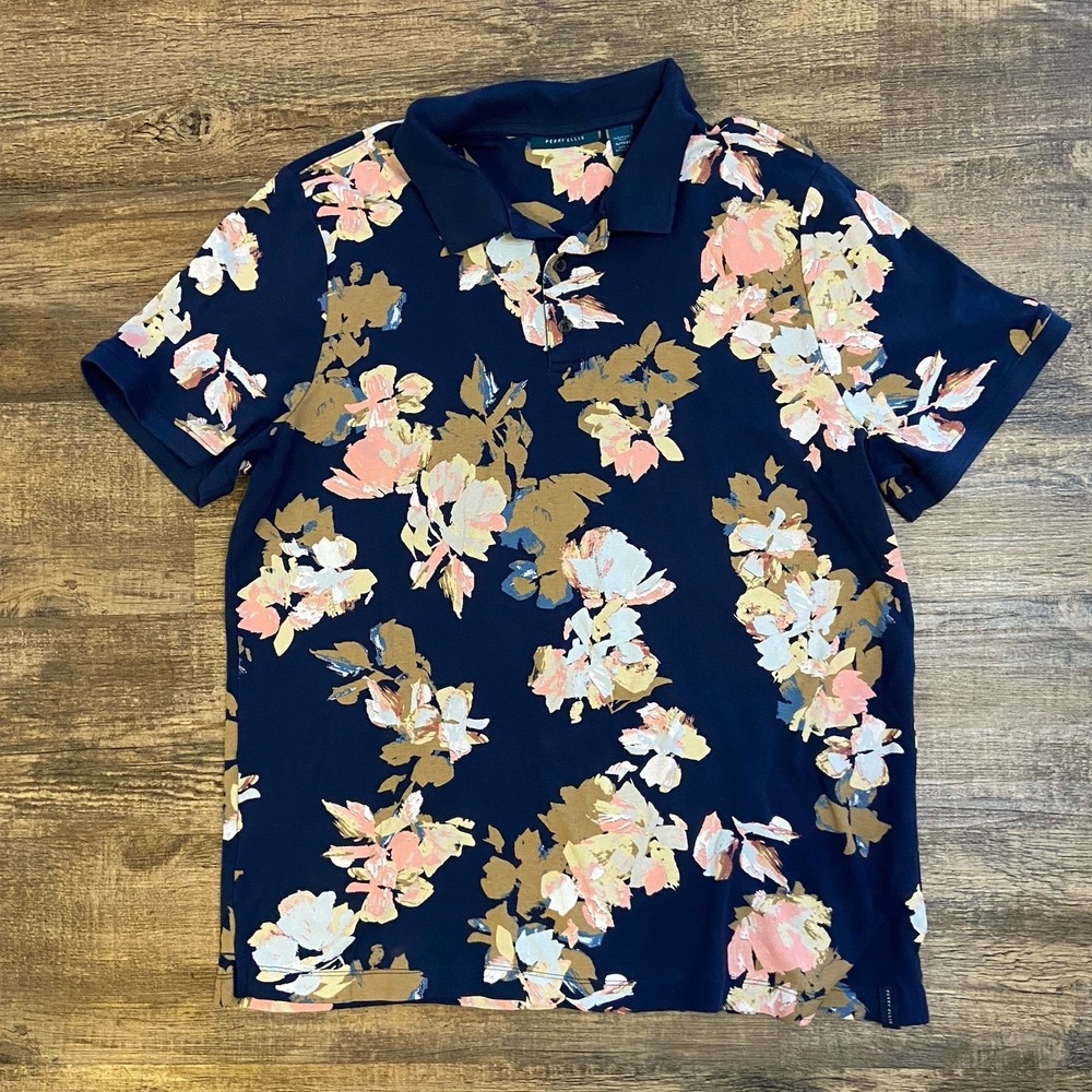 Perry Ellis Shirt Polo Mens XL Navy Floral Hawaiian Short Sleeve Golf Cruise EUC
